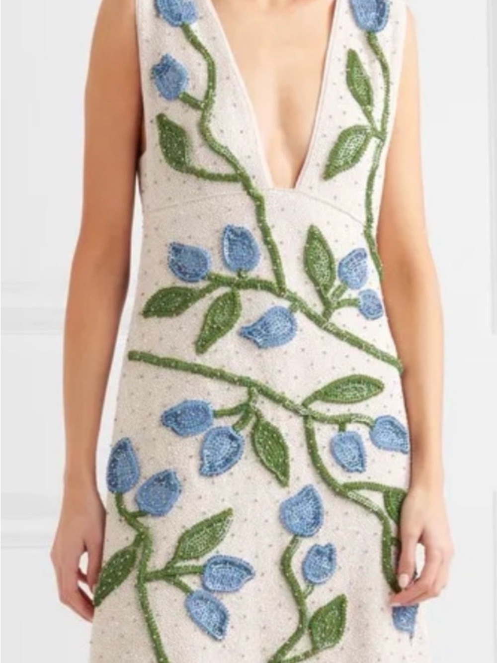 Ganni Ivory Strapless Beaded Dress with Blue and Green Floral Embroidery